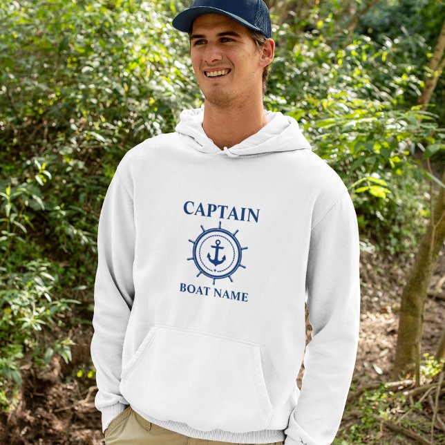 Kapten Boat Namn Anchor Rope Helm Nautical Hoodie (Customize to change text size. Choose from a variety of shirt colors and styles.)
