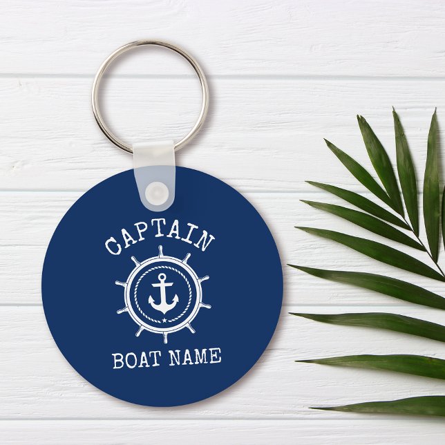 Kapten Boat Namn Blue Nautical Anchor Rope Helm Nyckelring (Customize to change text size or text style.)