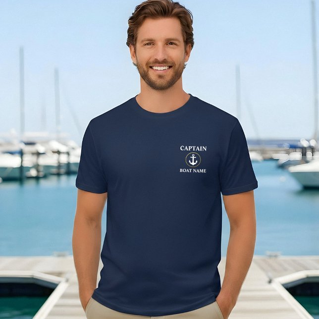 Kapten Boat Namn Nautical Anchor Blue Guld T Shirt (Customize to change text size. Choose from a variety of shirt colors and styles.)