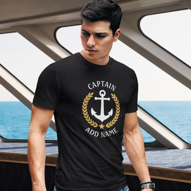 Kapten Din Boat Namn Anchor Guld Laurel Black T Shirt (Skapare uppladdad)