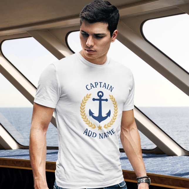 Kapten Din Boat Namn Anchor Guld Laurel White T Shirt (Skapare uppladdad)