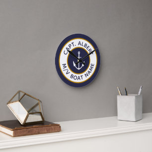 Kapten Ditt namn Blue Guld Anchor Round Clock Rund Klocka
