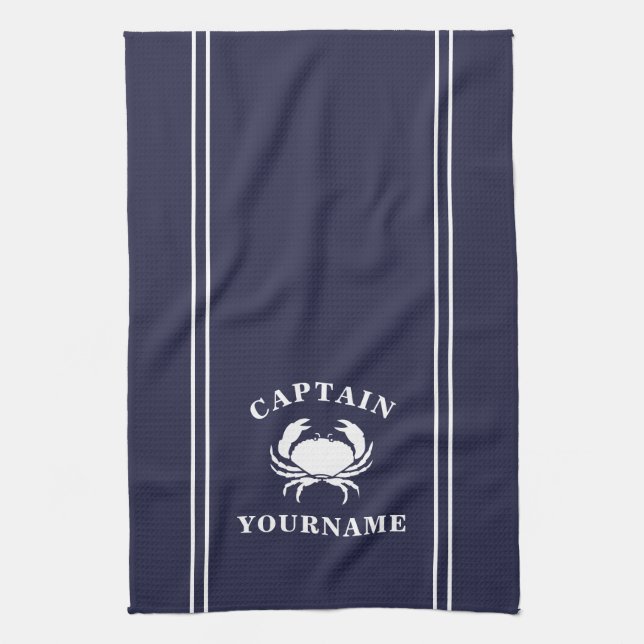Kapten Ditt namn Crab Navy Blue Kitchen Towel Kökshandduk (Vertikal)