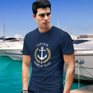 Kapten er Boat Namn Anchor Guld Laurel-flottan T Shirt