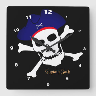 Kapten Jack & Pirater Flagga, Skull House/Boat Fyrkantig Klocka
