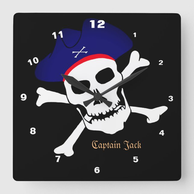 Kapten Jack & Pirater Flagga, Skull House/Boat Fyrkantig Klocka (Framsida)