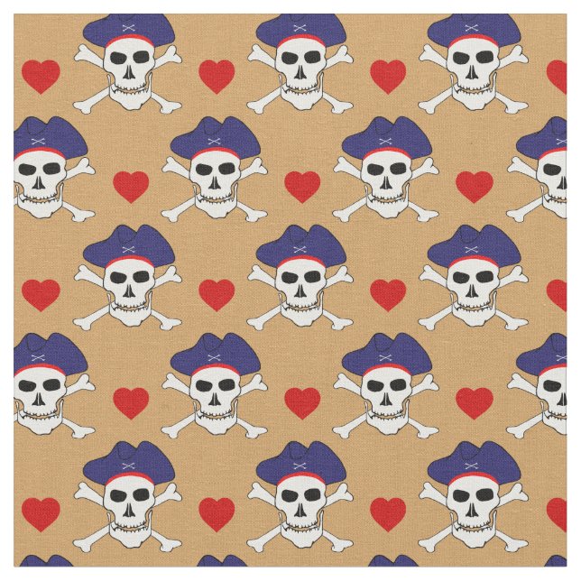 Kapten Jack, Skull & Red Heart /Pirater Fabric Tyg (Närbild)