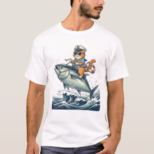 Kapten Katt Ridning Jätte Tonfisk Rolig Fiskedesig T Shirt