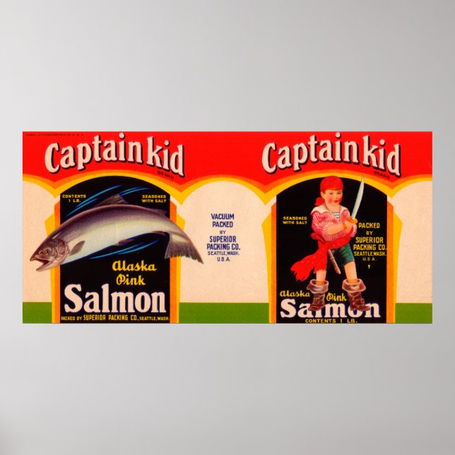 Kapten Kid Brand Salmon Label-Seattle, WA Poster (Framsidan)