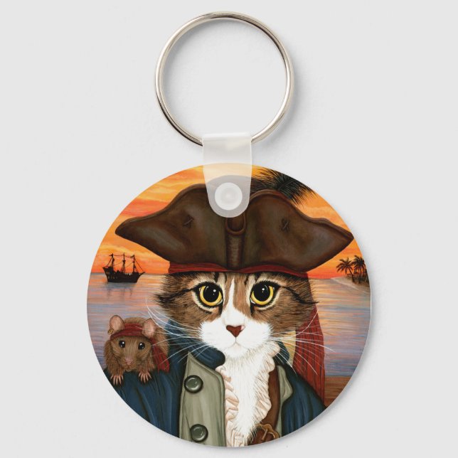 Kapten Leo, Pirat Cat & Råtta Fantasy Art Keychain Nyckelring (Framsida)