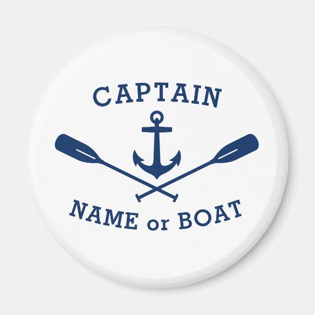 Kapten med Boat Namn Anchor Oars Blue White Magnet (Framsidan)