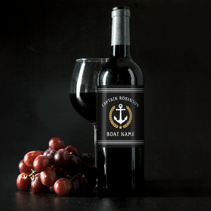 Kapten Namn och Boat Anchor Guld Laurel Black Vinflaska Etikett