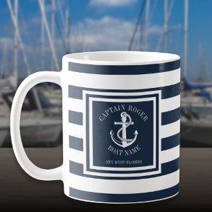 Kapten och båtnamn Navy Blå Rand Ankar Kaffemugg