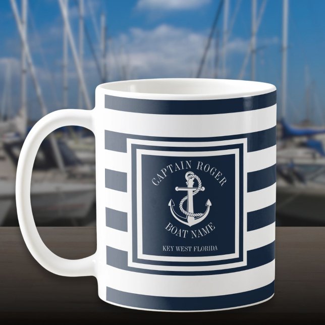 Kapten och båtnamn Navy Blå Rand Ankar Kaffemugg (Captain And Boat Name Navy Blue Stripe Anchor Coffee Mug)