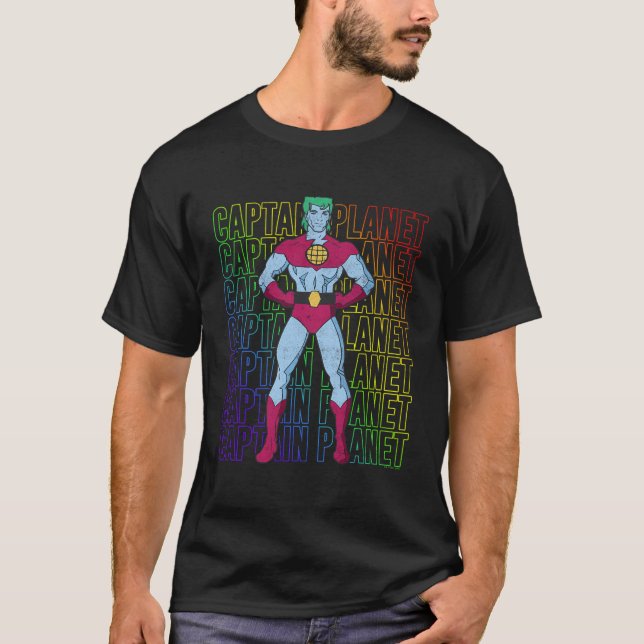 Kapten Planet Hero Rainbow Text Stack T Shirt (Framsida)