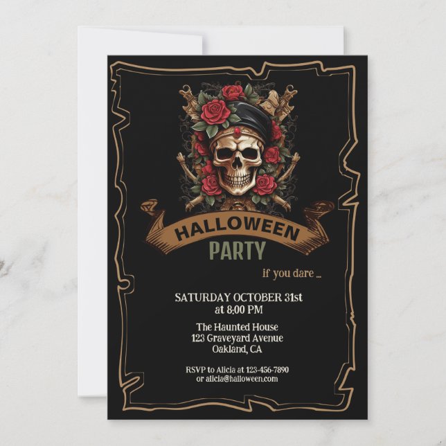 Kapten Skull Nautical Flowers Halloween Inbjudningar (Framsida)
