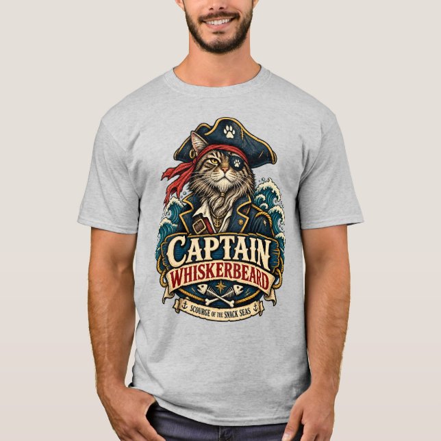 Kapten Whiskerbeard Pirat Katt T Shirt (Framsida)