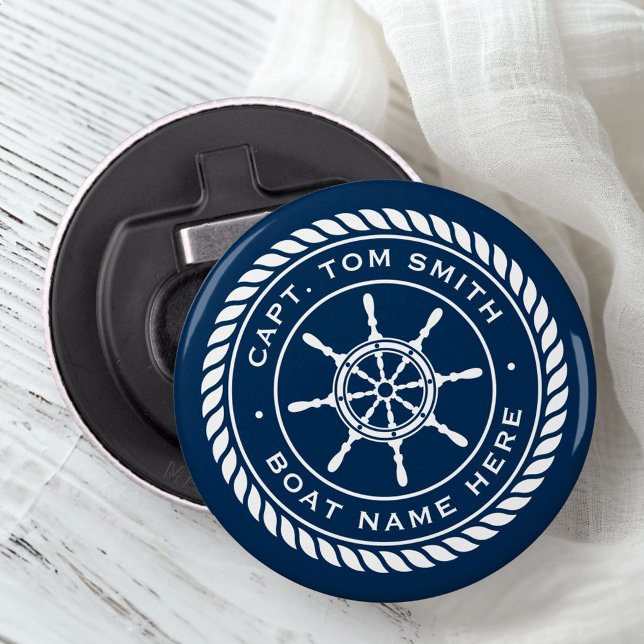 Kaptenbåtens namn-rep ram nautisk frakts hjul flasköppnare (Captain boat name rope frame nautical ship's wheel bottle opener)