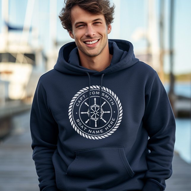 Kaptenbåtens namn-rep ram nautisk frakts hjul hoodie (Captain boat name rope frame nautical ship's wheel hoodie)