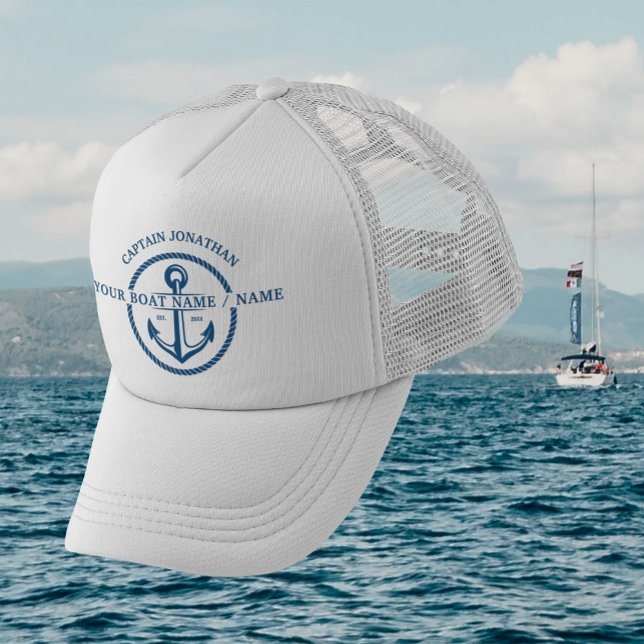 Kaptenen Namn Anchor för havets blå havsområde Keps (Nautical Navy Blue Boat Captain Name Anchor Trucker Hat)