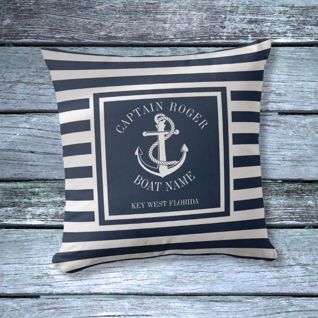 Kaptenen Nautical Anchor för marinblå Personlig Kudde (Navy Blue Personalized Captain Nautical Anchor Throw Pillow)