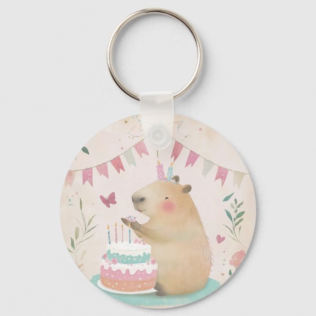 Kapybara Birthday Bash Keychain Nyckelring (Framsida)