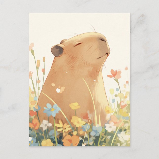 Kapybara i färggrann sommaräng med vilda blommor vykort (Framsida)