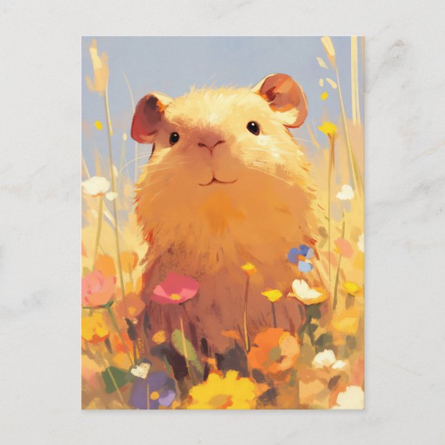 Kapybara i färgrik sommaräng med vilda blommor vykort (Framsida)