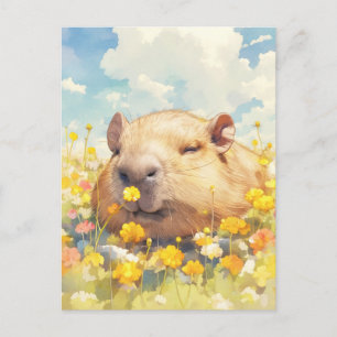 Kapybara i solig gul äng med vilda blommor vykort