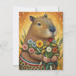 Kapybara med blommor folkkonst vykort