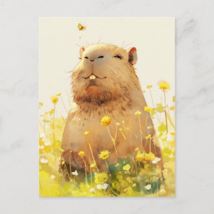 Kapybara med fjäril på äng med vilda blommor vykort