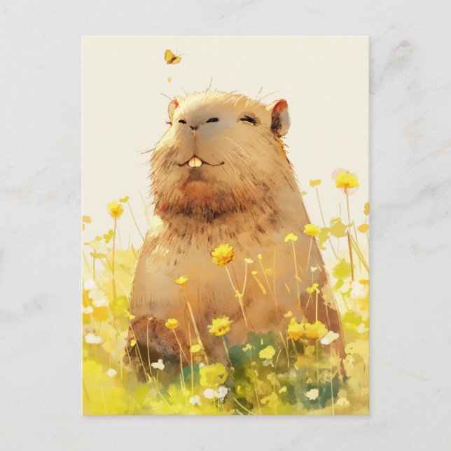 Kapybara med fjäril på äng med vilda blommor vykort (Framsida)
