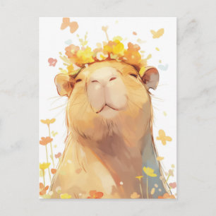 Kapybara med gul blomsterkrona och fjärilar vykort