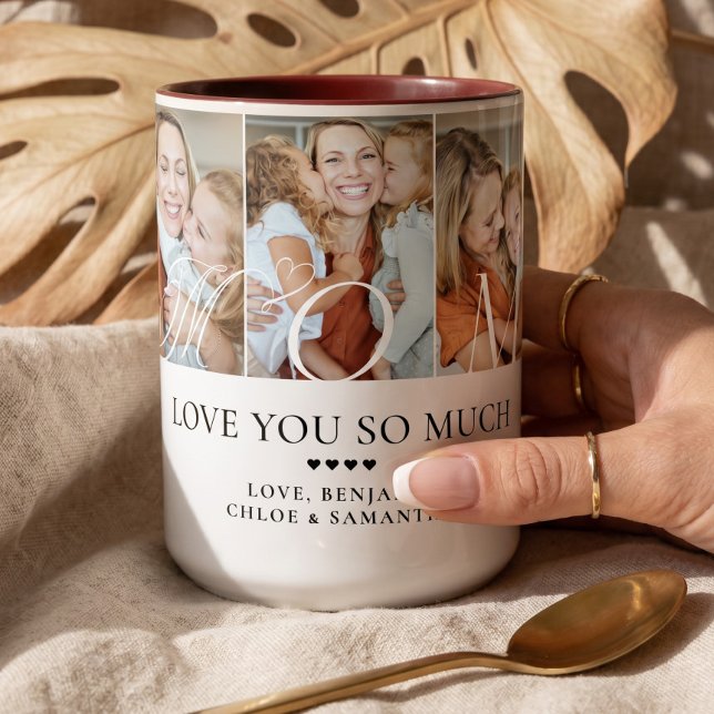 Kära mamma Personlig 5 Foto Collage Present Två-Tonad Mugg (Love You Mom Personalized 5 Photo Collage Gift Two-Tone Coffee Mug)