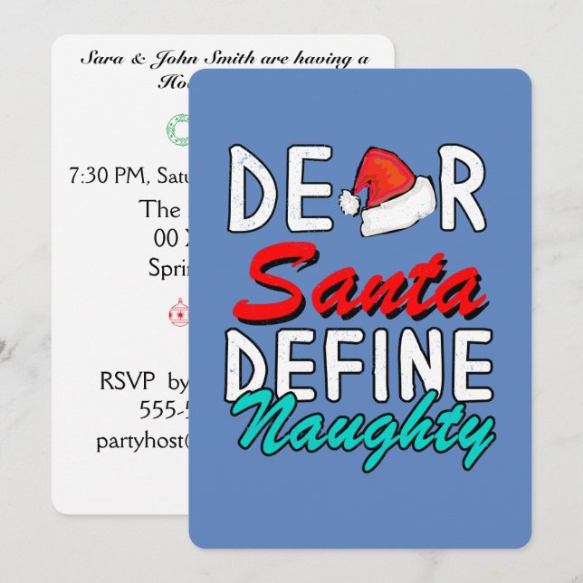 Kära Santa, Definiera Naughty - Tur juldesign Inbjudningar (Fram/baksida)