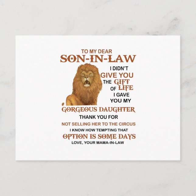 Kära svärson, jag gav dig min fantastiska dotter vykort (Framsida)