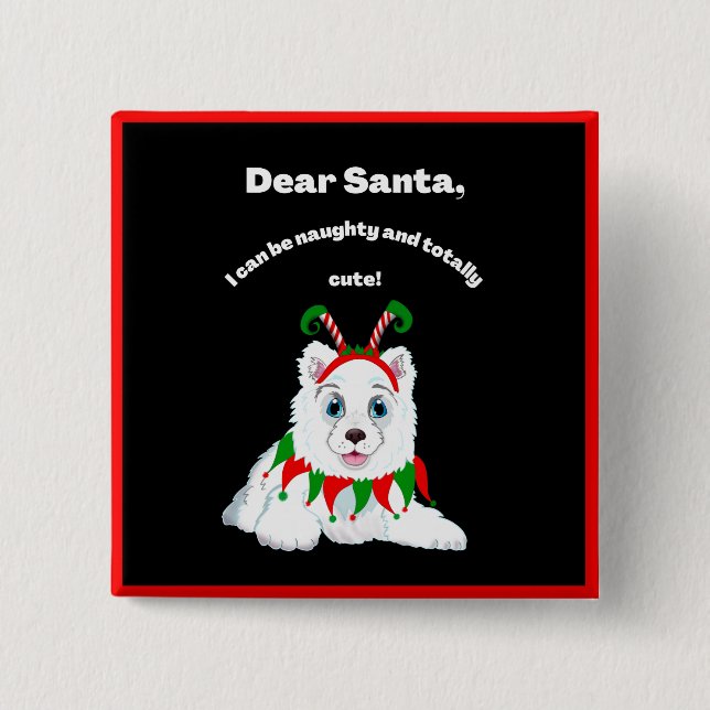 Kära Tomte, busig men söt Samoyed-älva Knapp (Framsida)