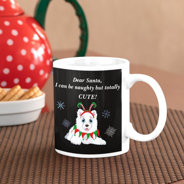 Kära Tomte, busiga Samoyed med alvhuvudband  Kaffemugg (Skapare uppladdad)