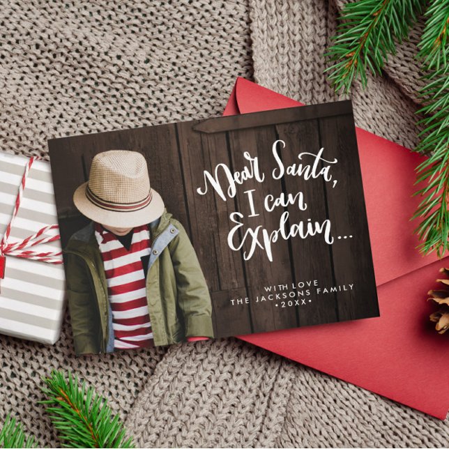 Kära tomte jag kan förklara Rolig högtid Fullständ Vykort (Dear Santa I can Explain funny holiday postacard with full frame landscape foto and white overlay)