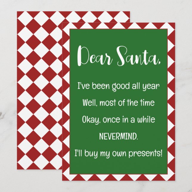 Kära tomte jag köper egna presenter Rolig jul Kort (Fram/baksida)