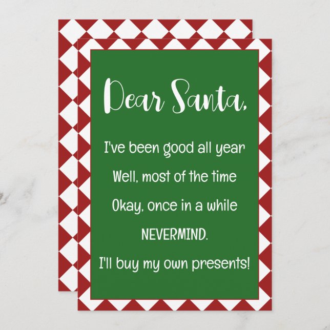Kära tomte jag köper mina egna prylar Rolig jul Kort (Fram/baksida)