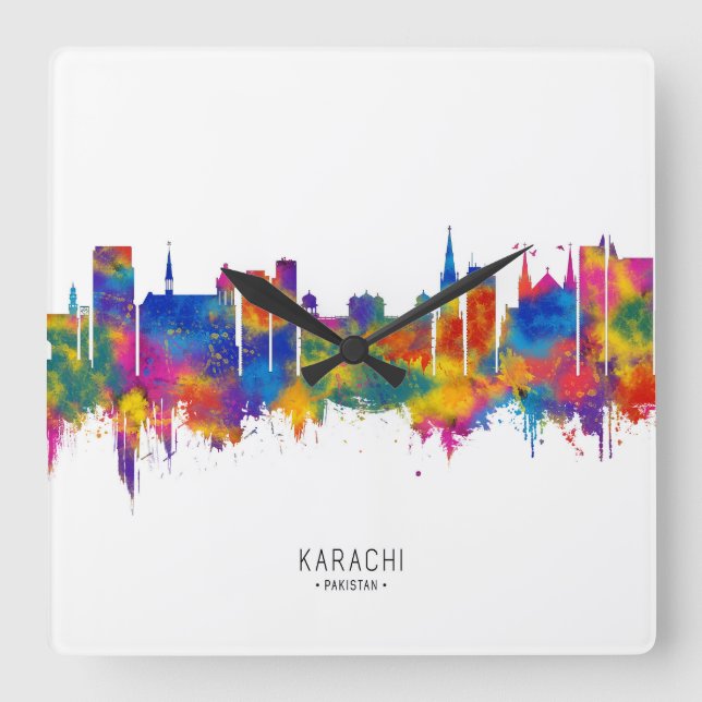 Karachi Pakistan Skyline Fyrkantig Klocka (Framsida)