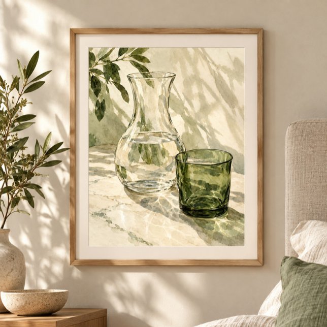 Karaff och grön glaskonsttryck poster (Styled display of Carafe and Green Glass Art Print. Frame, mat and furnishings shown for illustration; select framing options separately.)