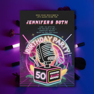 Karaoke 90s Neon Glow 50:e födelsedagen Inbjudningar
