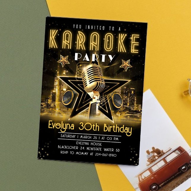 Karaoke Guld Night Födelsedagsfest inbjudan (Karaoke Birthday Invitation)