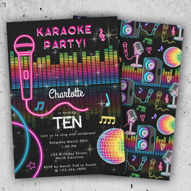 Karaoke Neon Glow Birthday Singing Music Party  Inbjudningar (Karaoke Neon Glow Birthday Singing Music Party Invitation)