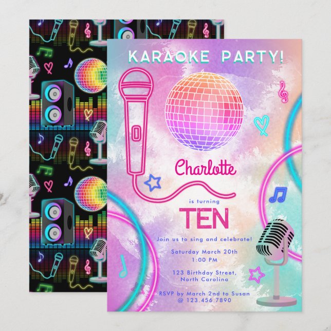 Karaoke Neon Glow  Tie Dye Birthday Party  Inbjudningar (Fram/baksida)