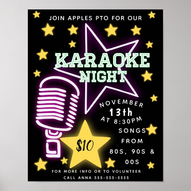 Karaoke night, öppen mikrokväll, komedi, sjunga poster (Framsidan)
