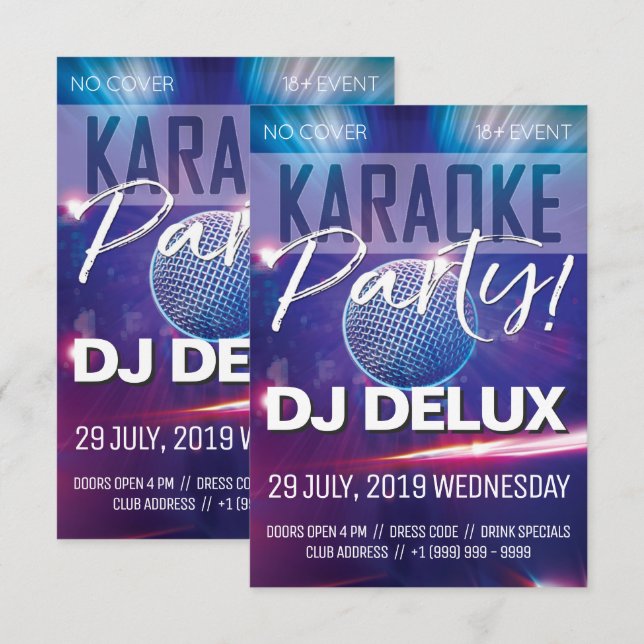 Karaoke Party| DJ| Klubb Flyer Inbjudningar (Fram/baksida)