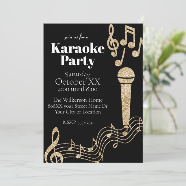 Karaoke Party Guld Glitter Musik noter på Black Inbjudningar (Stående Fram)